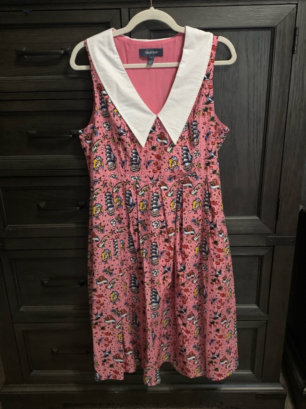 ModCloth Pink Novelty Print Sleeveless Midi Dress with White Pointed Collar
